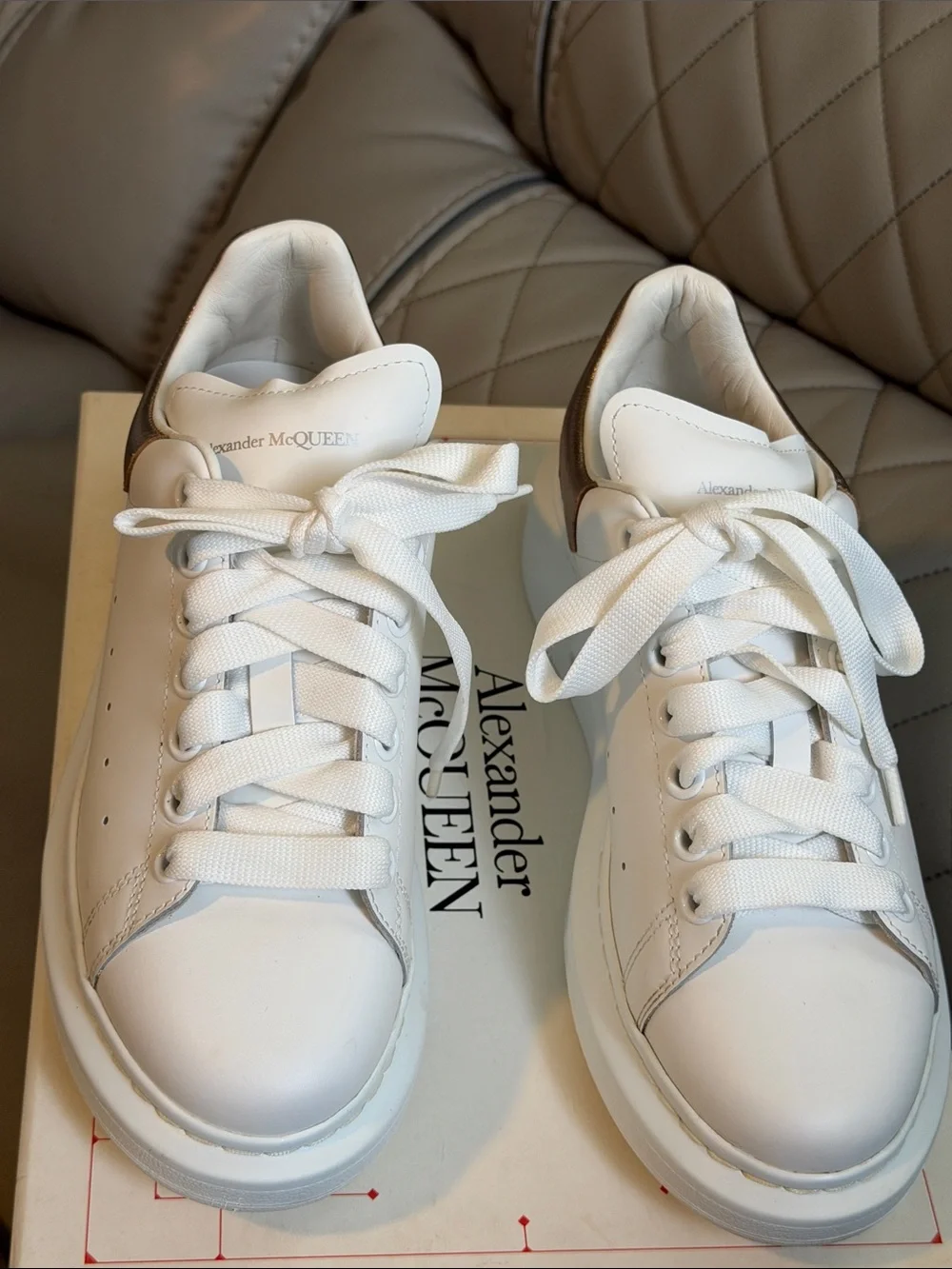 Alexander McQueen White Leather Sneaker with Bronze Heel Tab